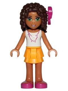 LEGO Minifigure-Andrea, Bright Light Orange Layered Skirt, White Top with Necklace with Music Notes, Bow-Friends-FRND132-Creative Brick Builders